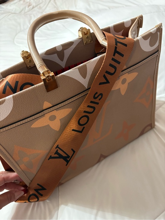 Louis Vuitton Handbags - Louis Vuitton Beige Monogram Canvas Tote with Orange Logo Strap